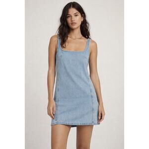 Zara Light Wash Denim Mini Dress S Square Neck Strappy Shift Y2K Minimalist 90s